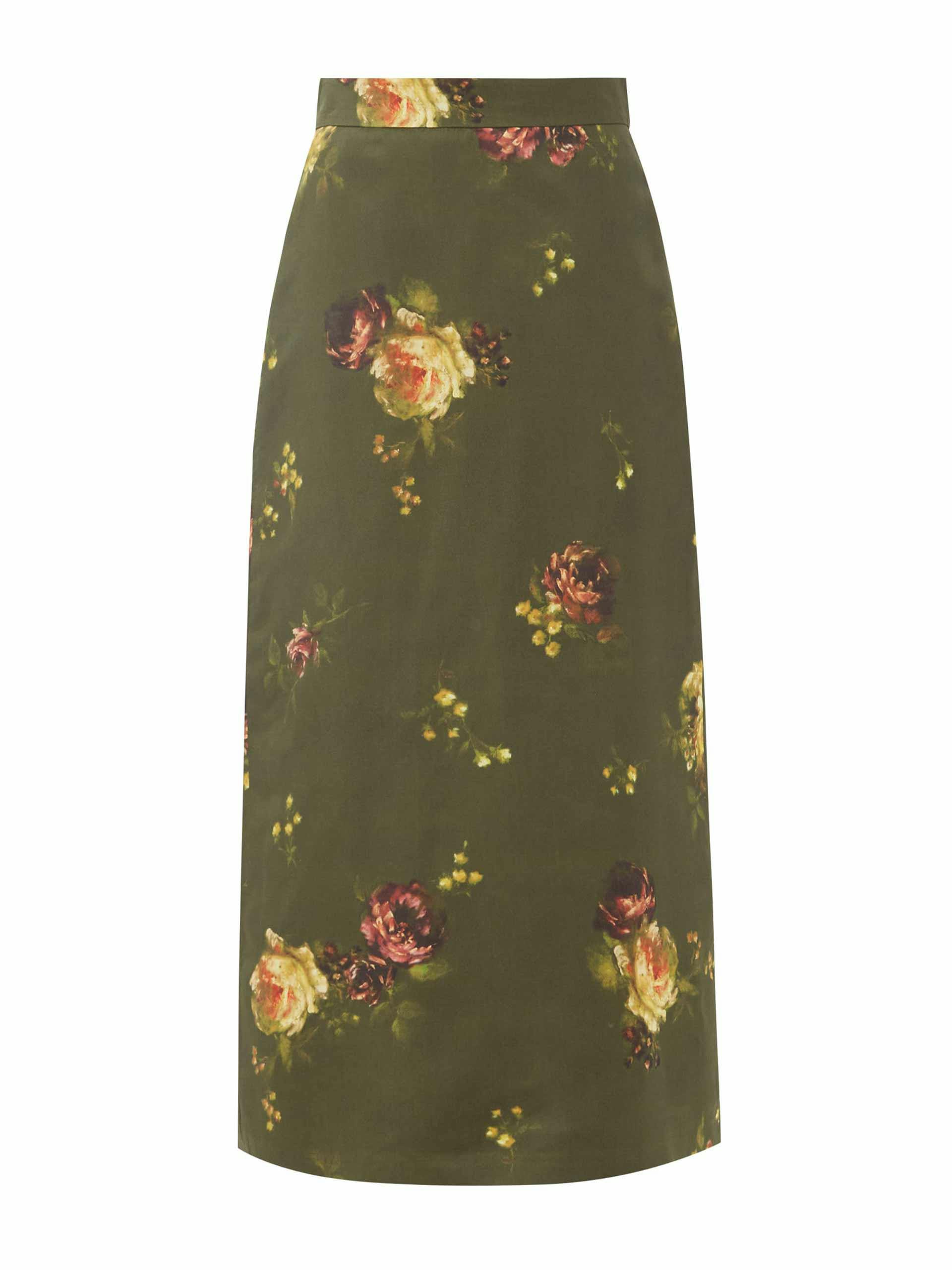 Floral-print silk-taffeta skirt