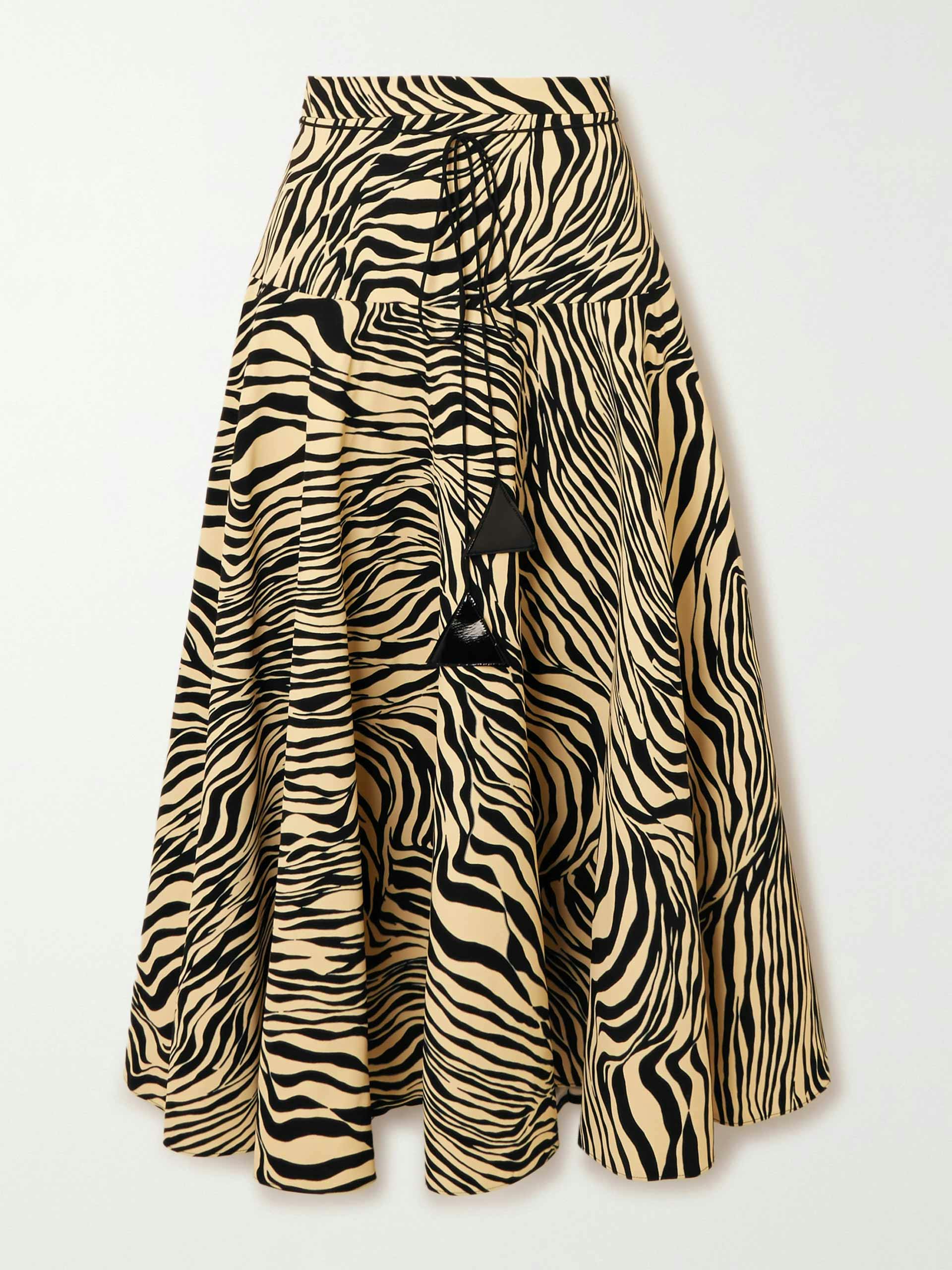 Pleated zebra-print crepe midi skirt