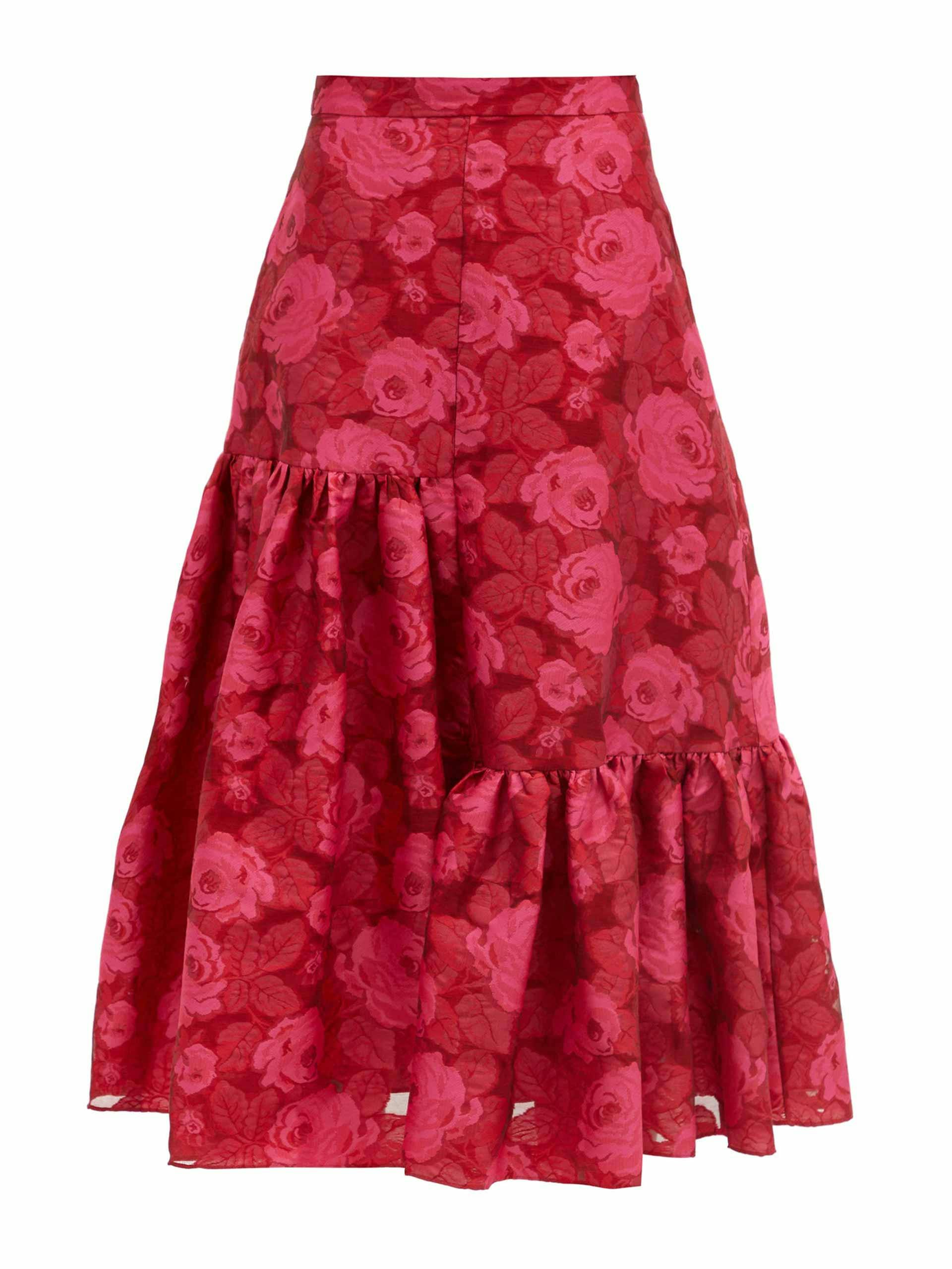Floral red organza midi skirt