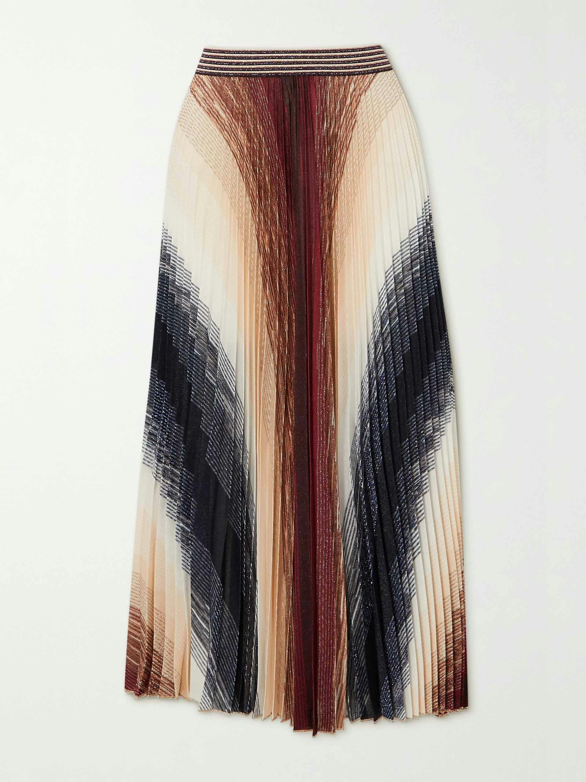 Ivory pleated striped metallic crochet-knit midi skirt
