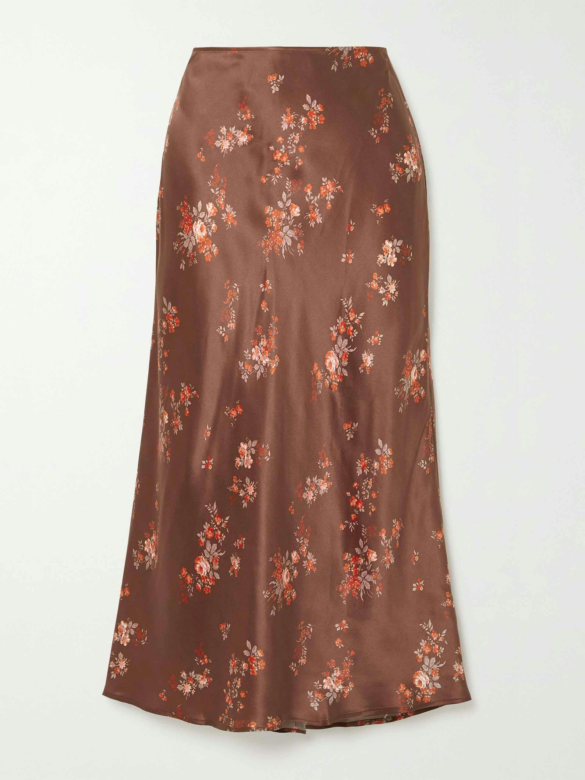 Floral-print silk-satin midi skirt