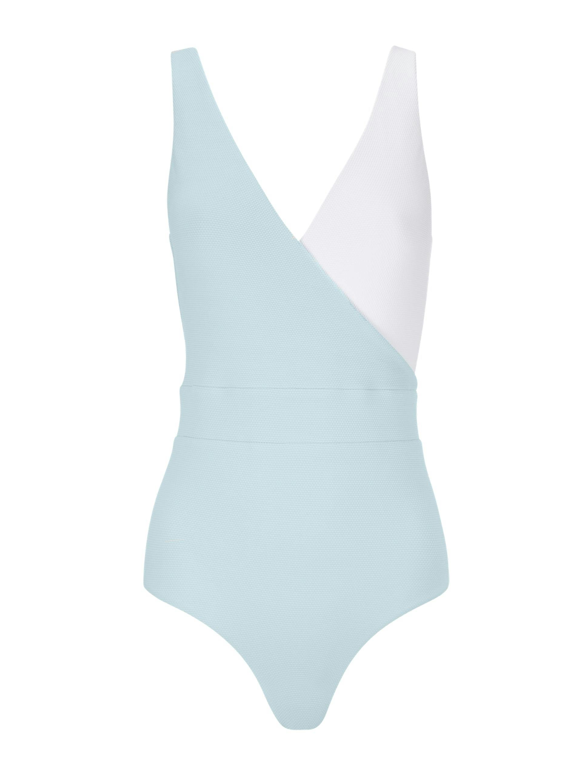 Asymmetric sky blue and white Ashley wrap-over swimsuit