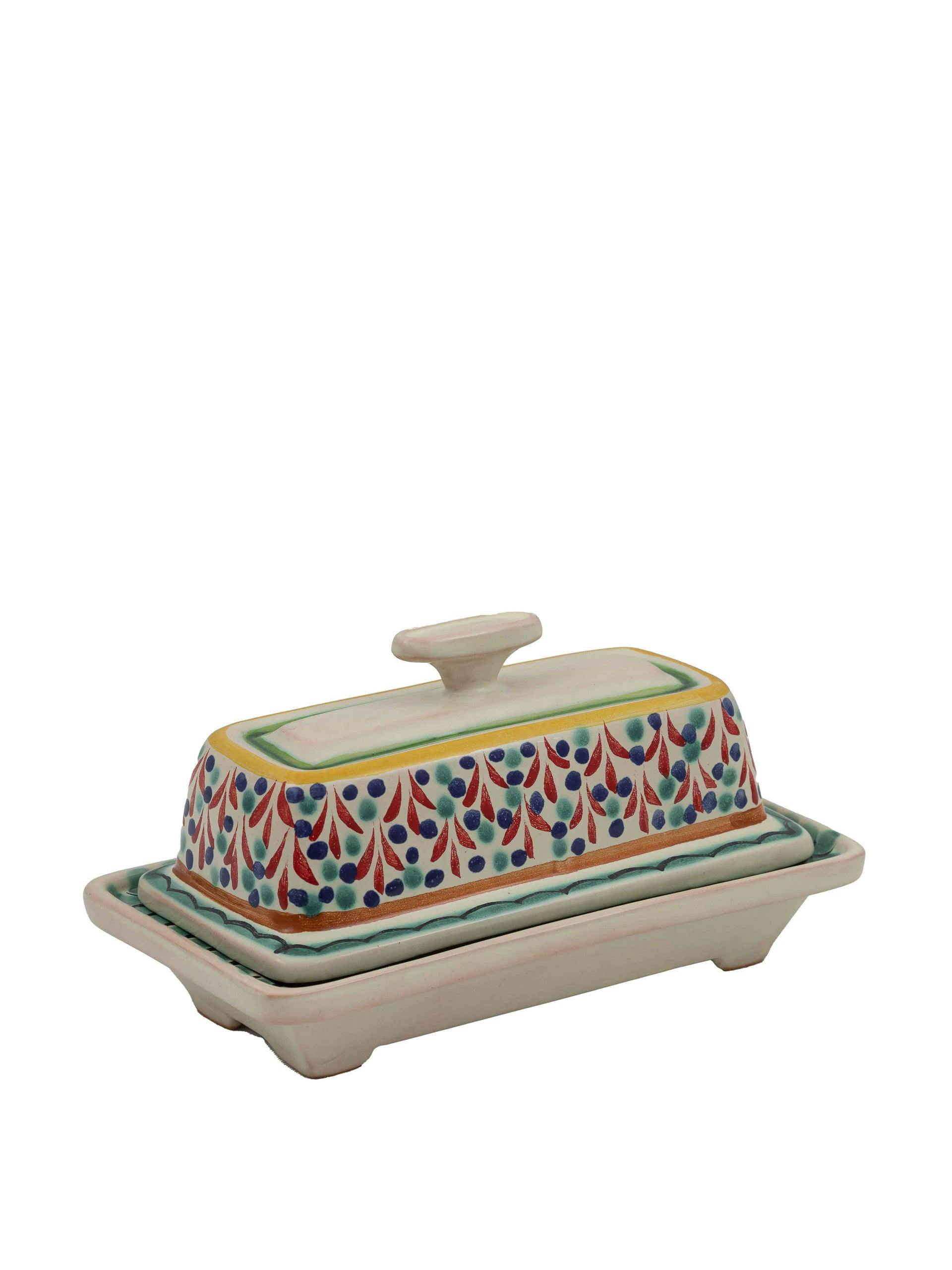 Red and aqua butter dish