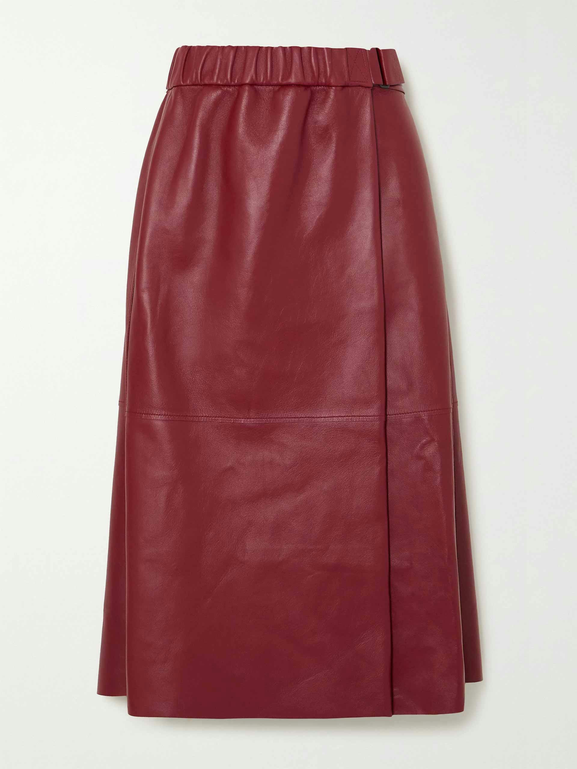 Red leather wrap skirt