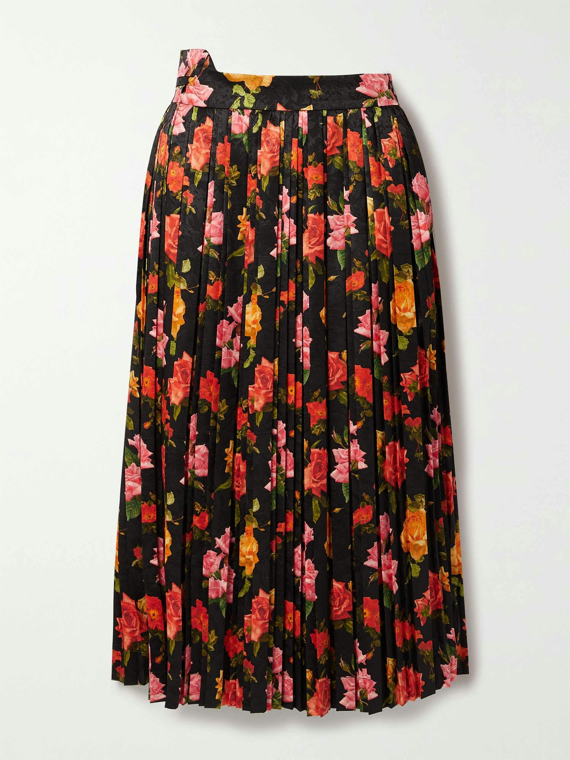 Pleated floral-print satin-jacquard midi skirt
