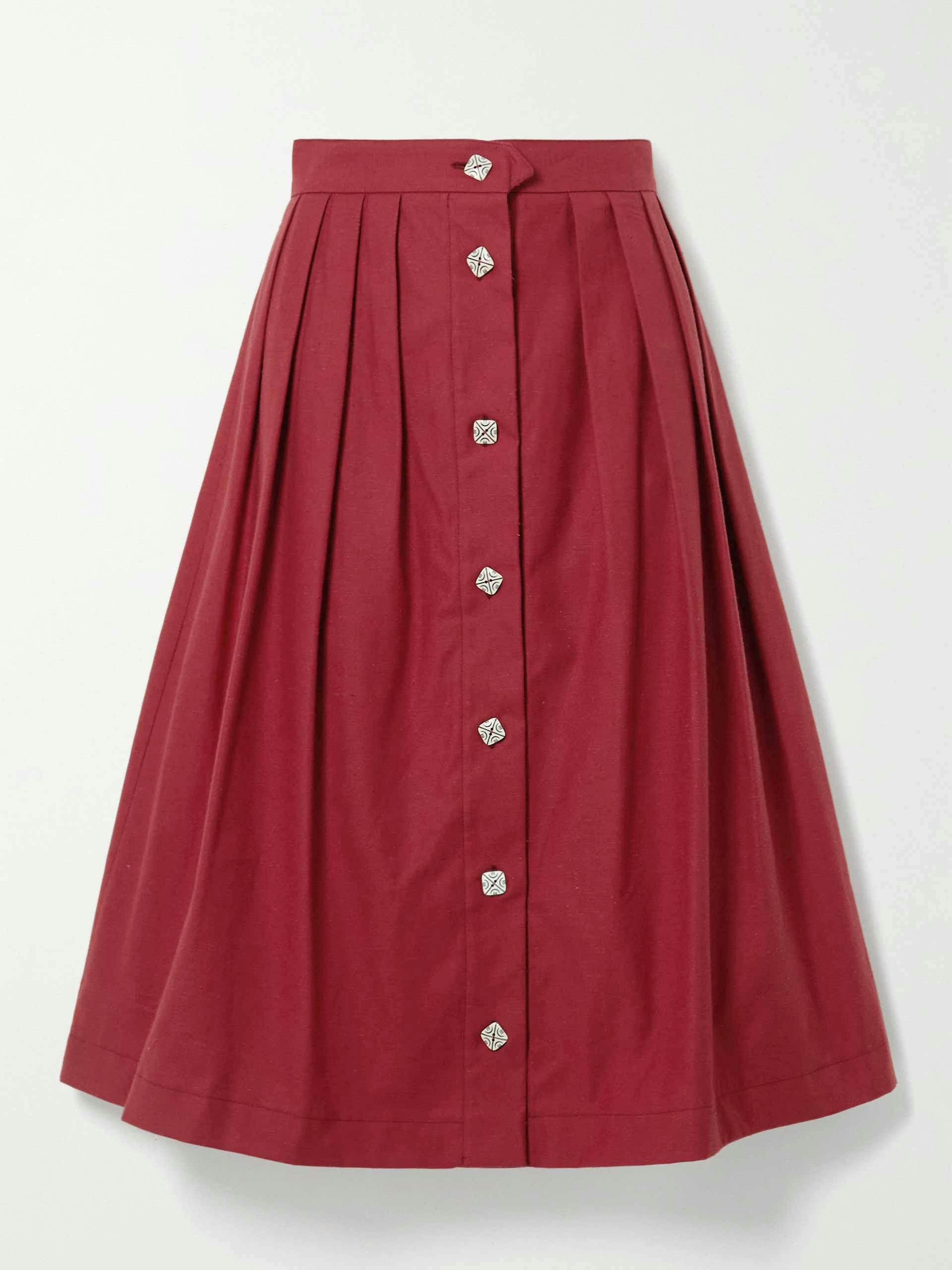 Red pleated cotton midi skirt