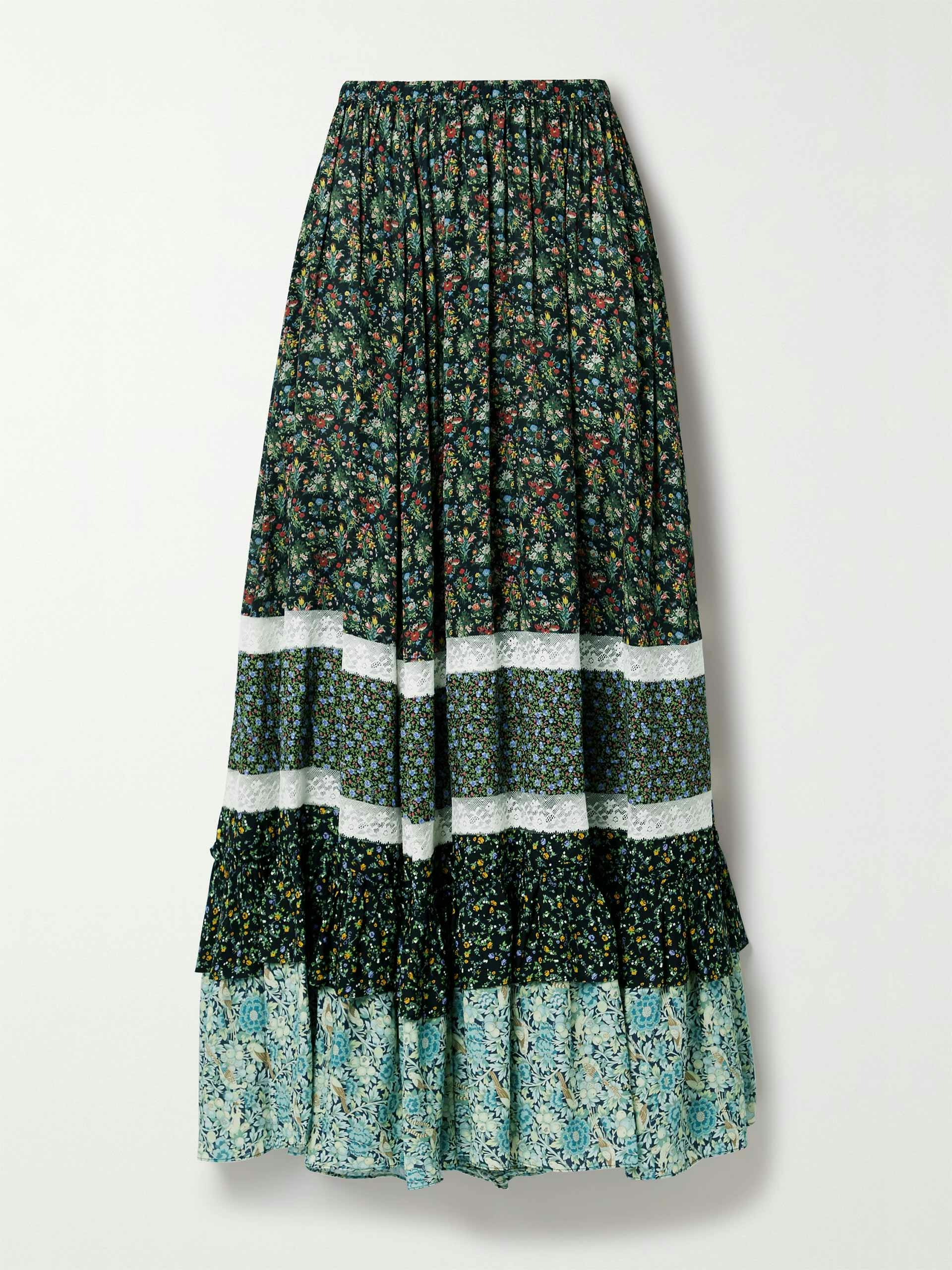 Lace-trimmed floral-print skirt