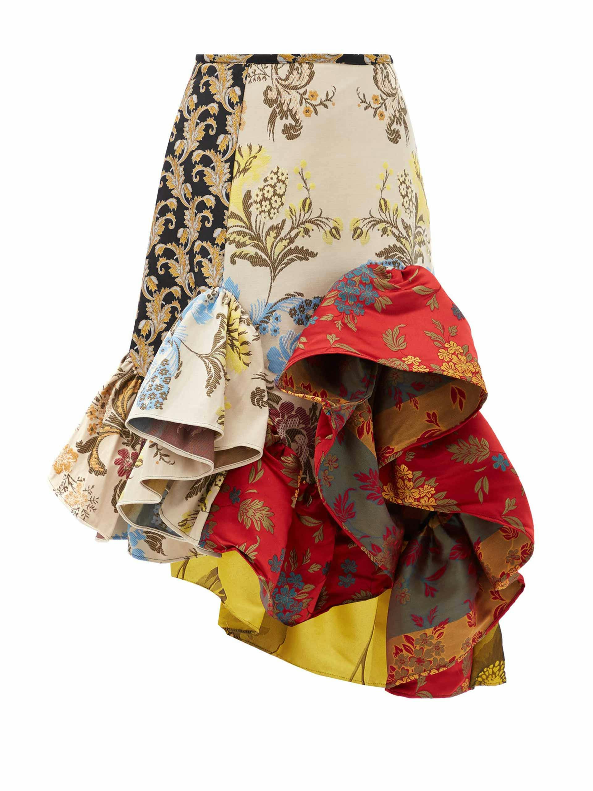 Upcycled ruffle patchwork satin skirt