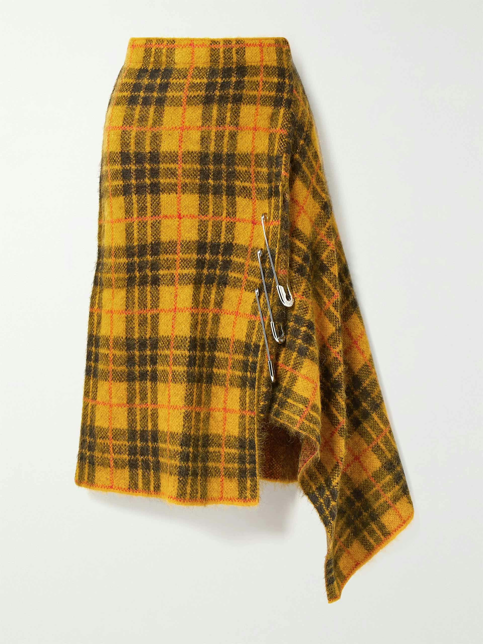 Mustard asymmetric embellished checked knitted skirt