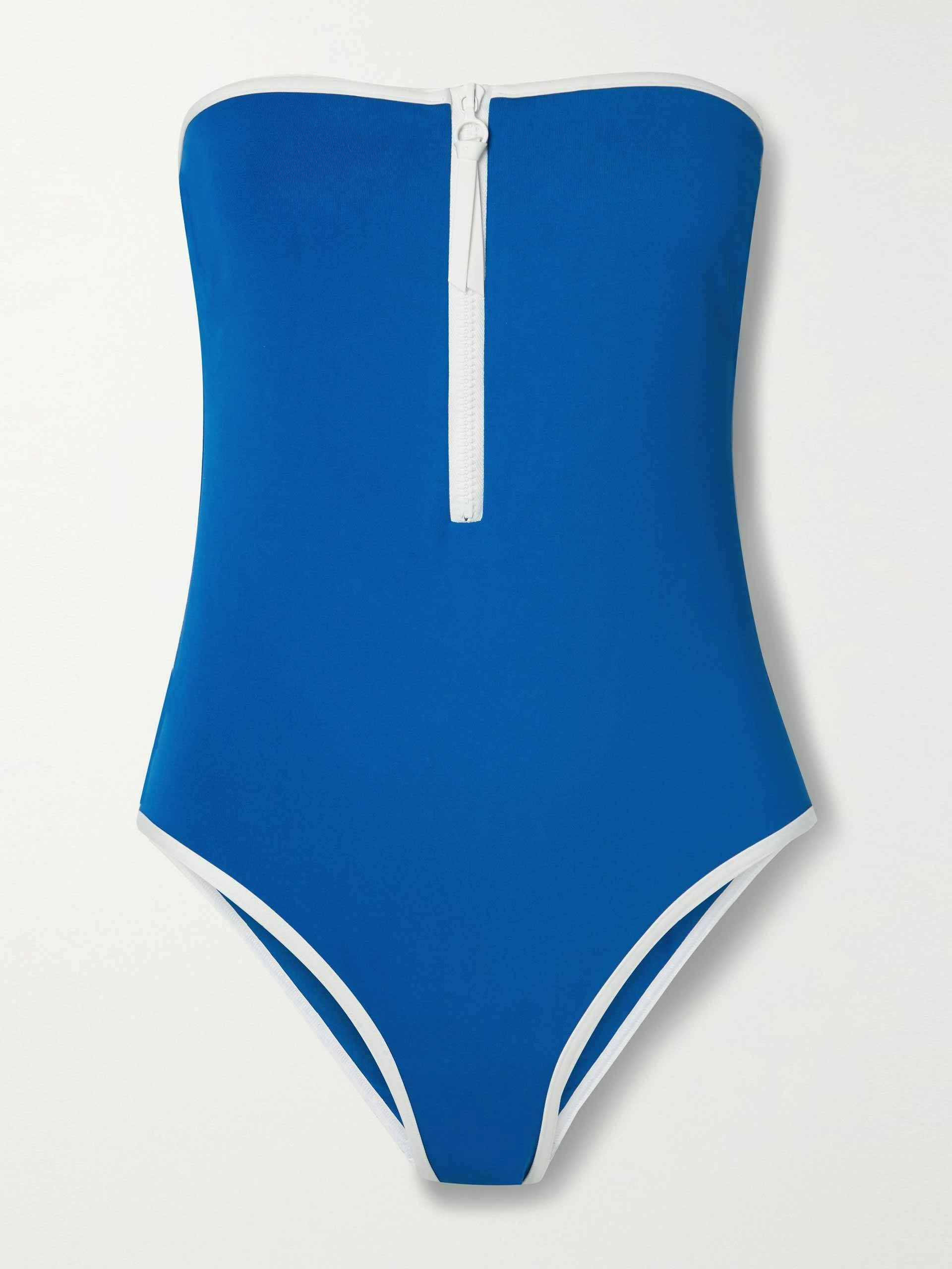 Blue strapless swimsuit