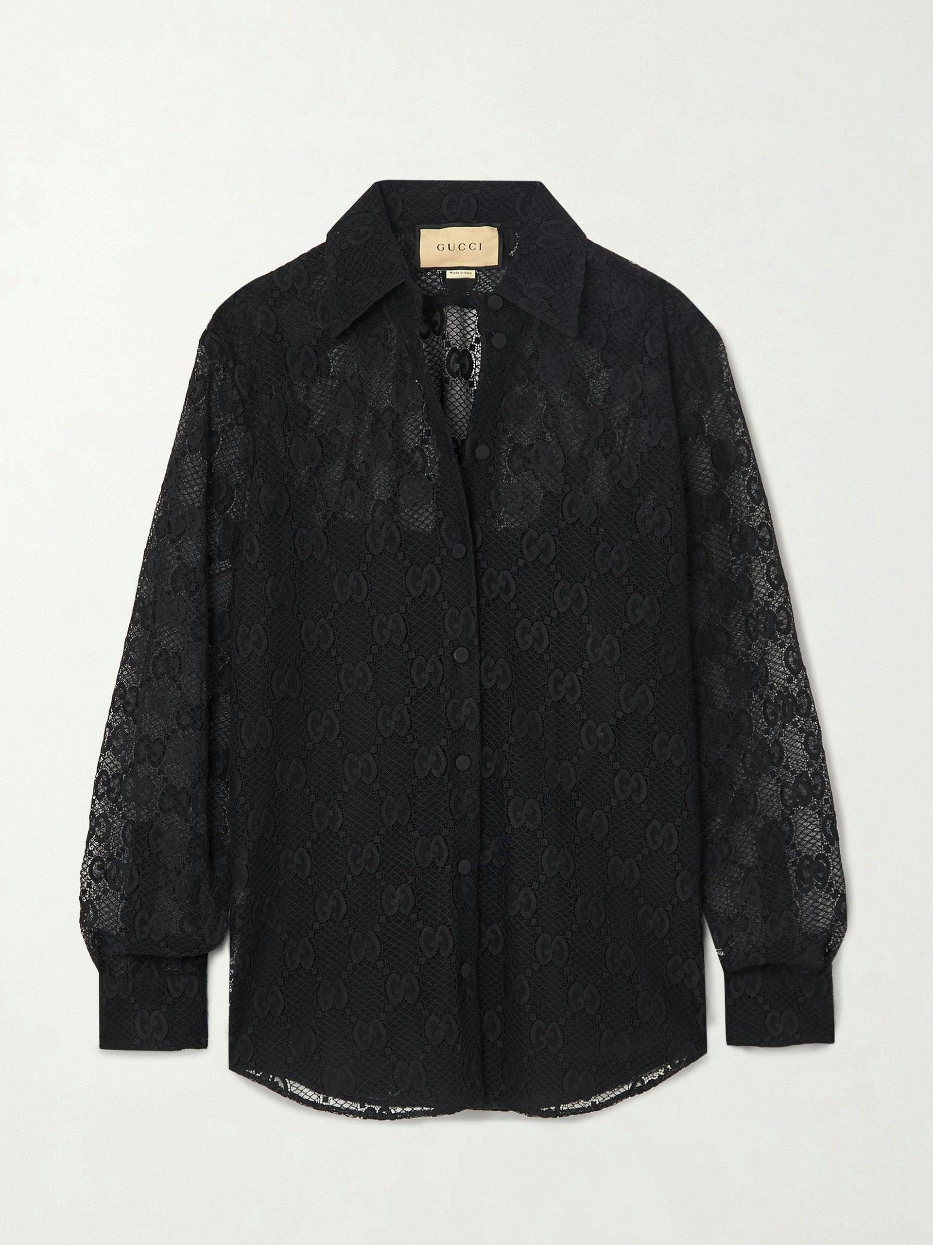 Black lace and silk-satin shirt