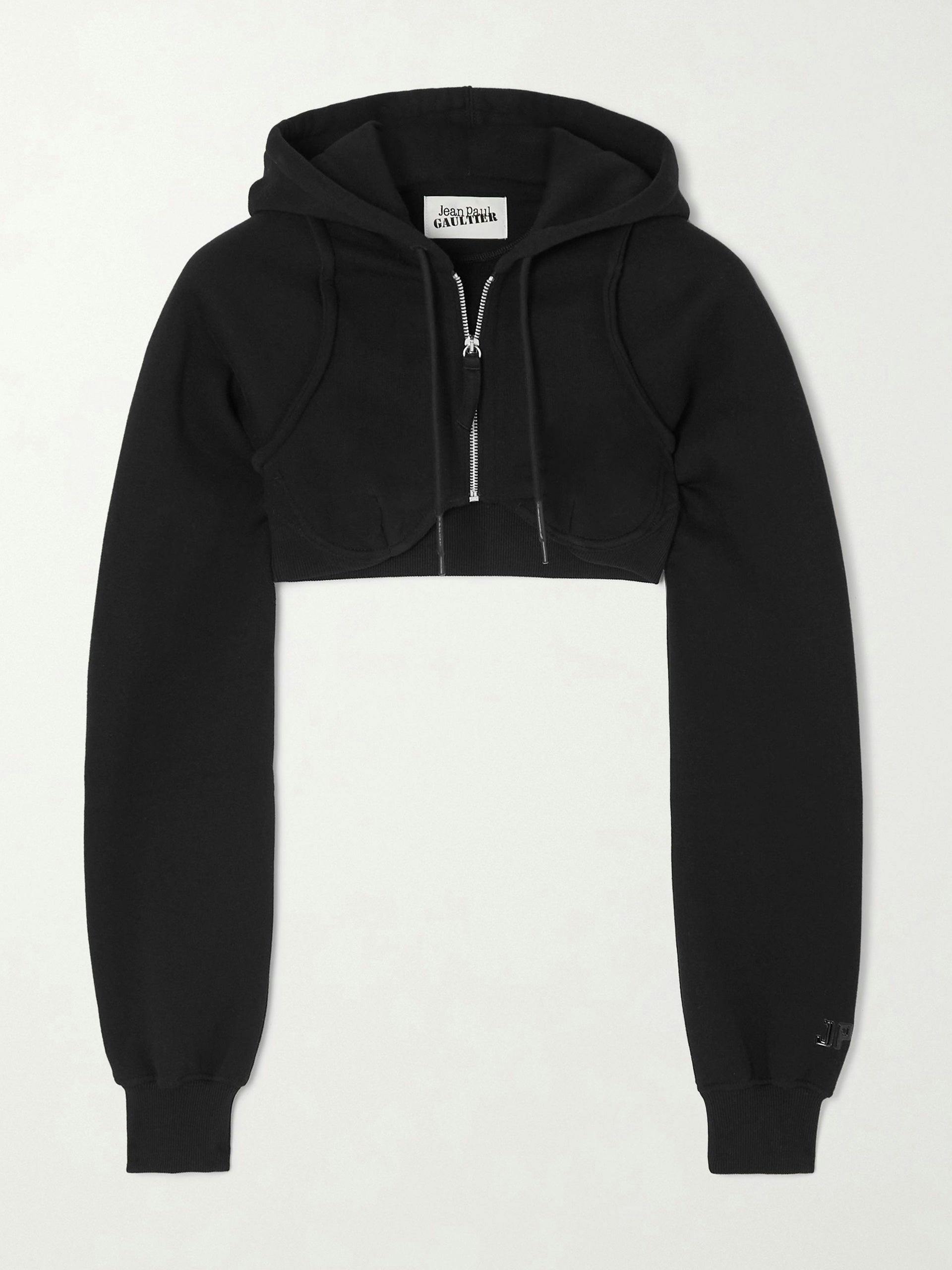 Black cropped cotton-jersey hoodie