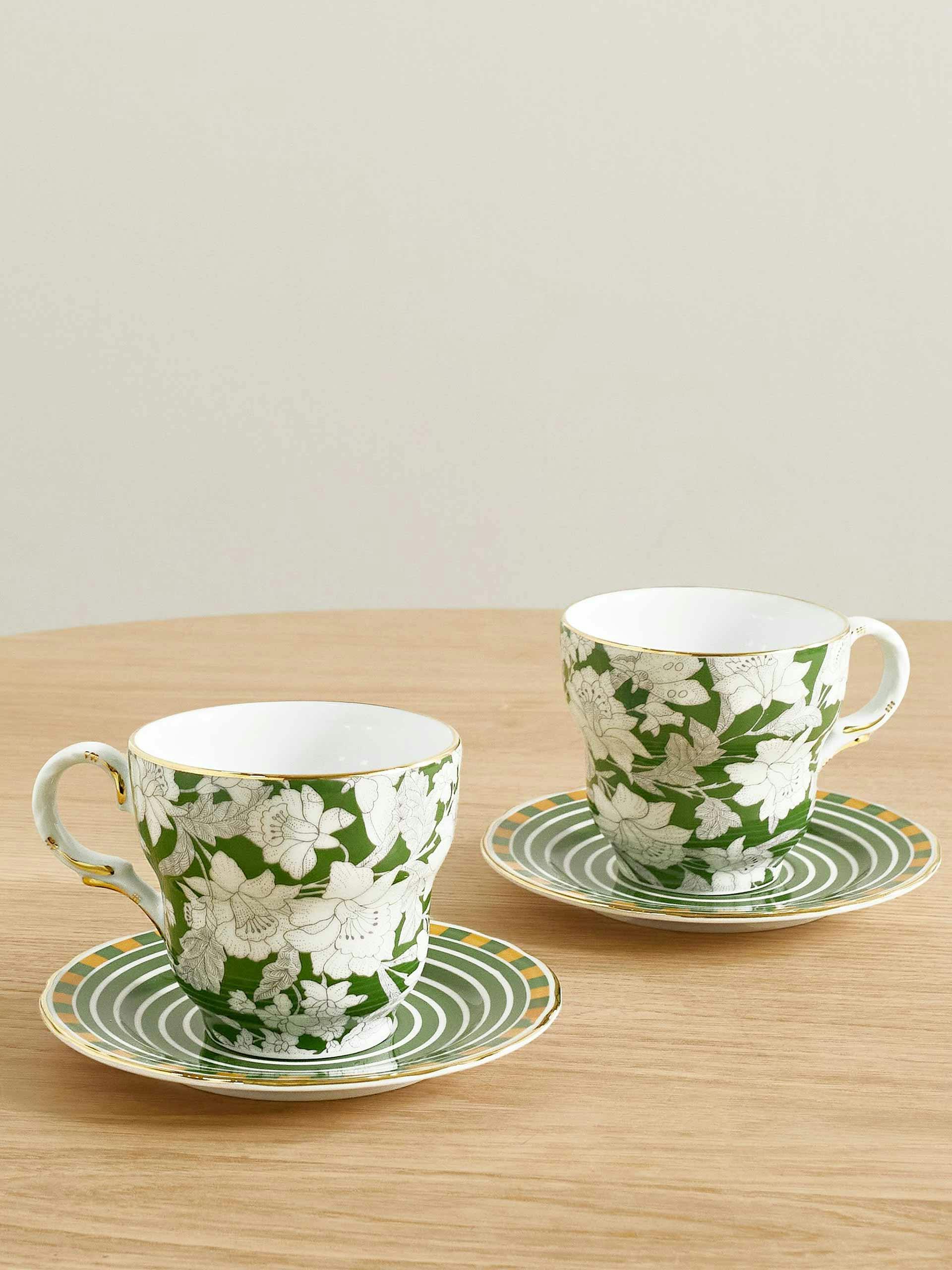 Green floral gold-plated teacups (set of 2)