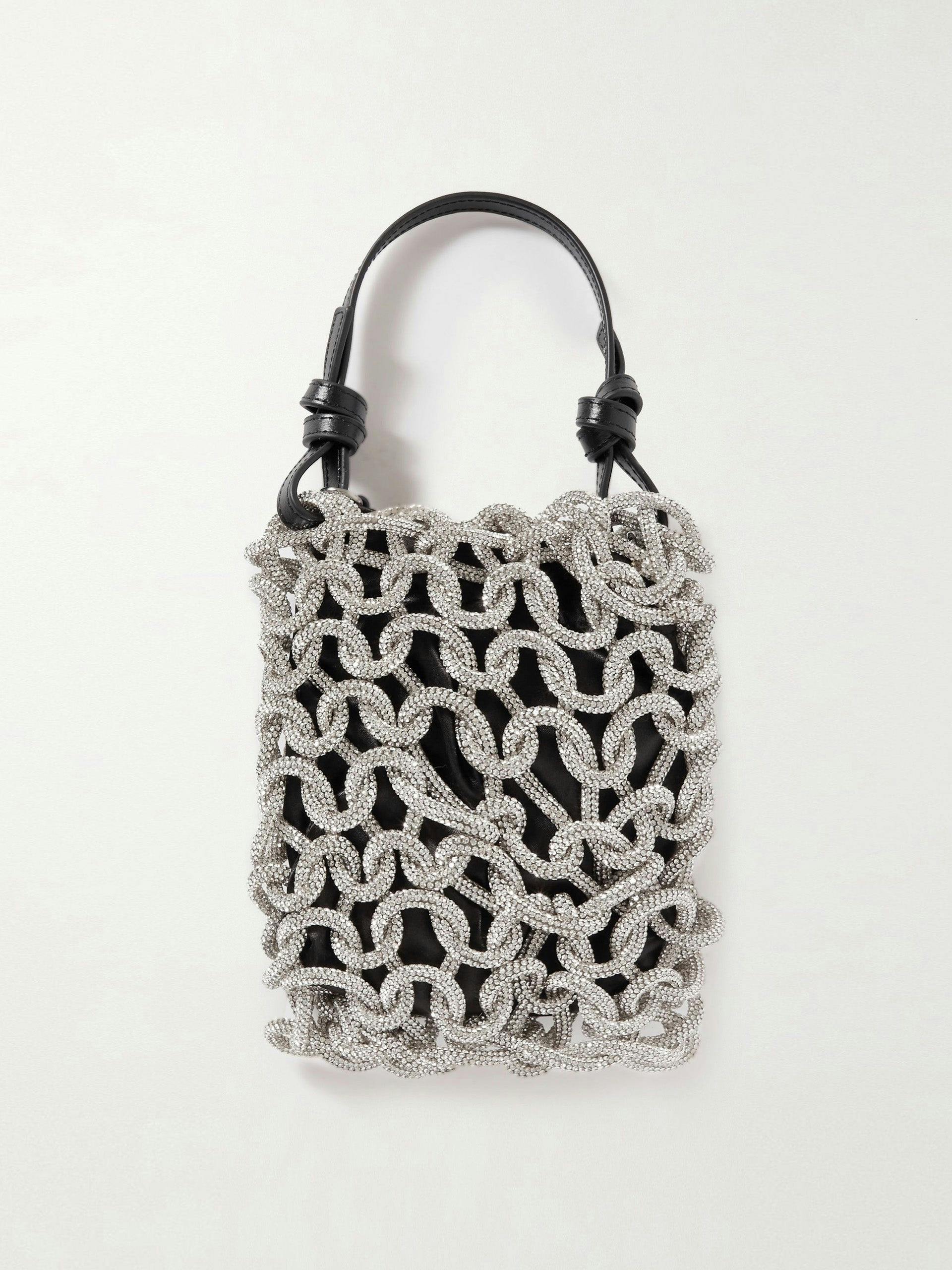 Tini crystal-embellished silver-tone, satin and leather tote