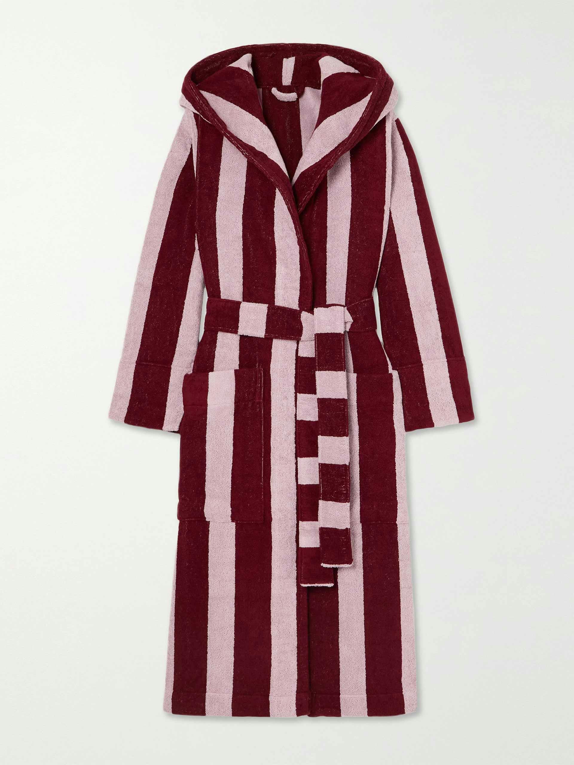 Hooded belted striped organic cotton-terry rob