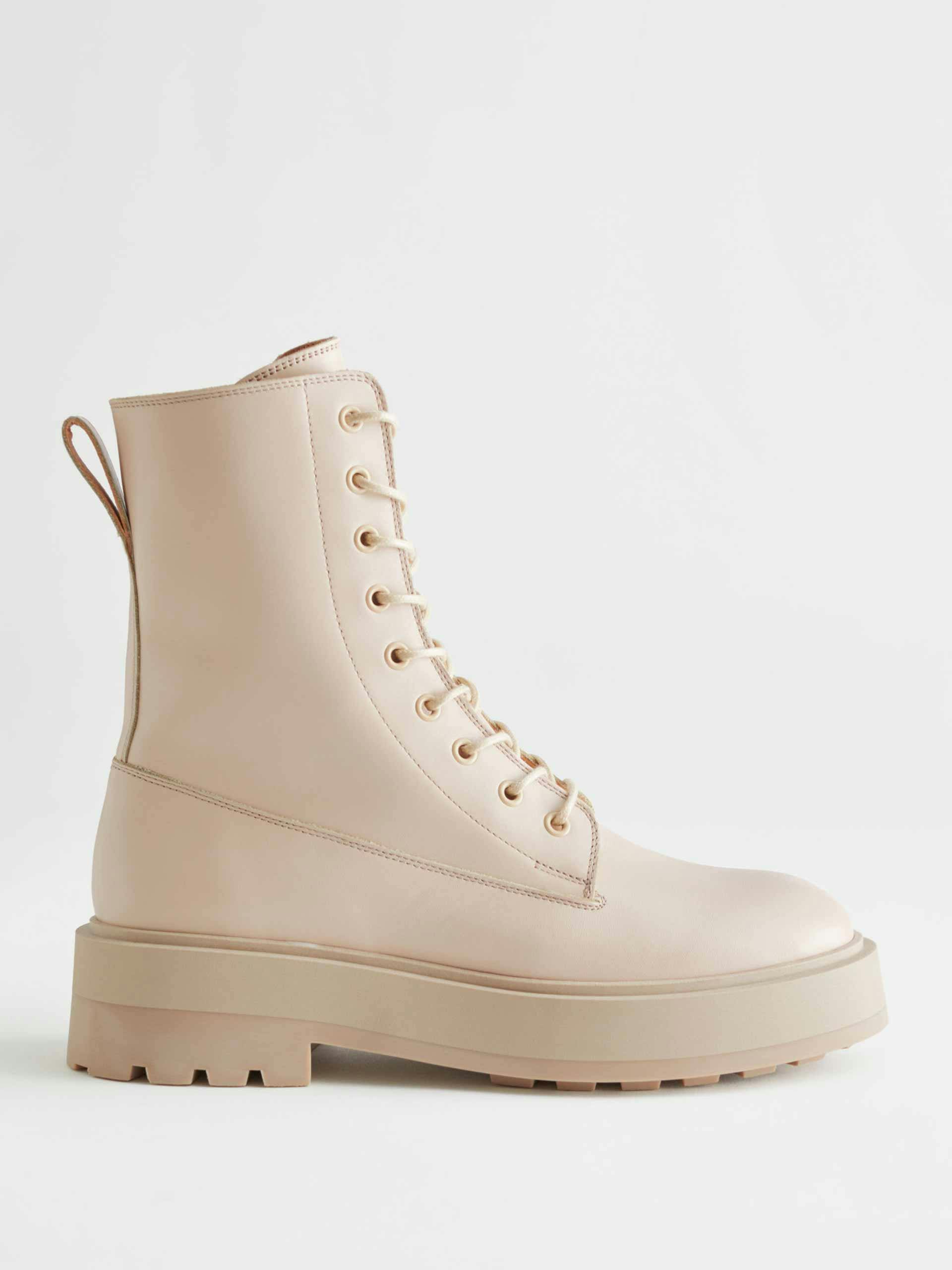 Chunky beige platform leather boots
