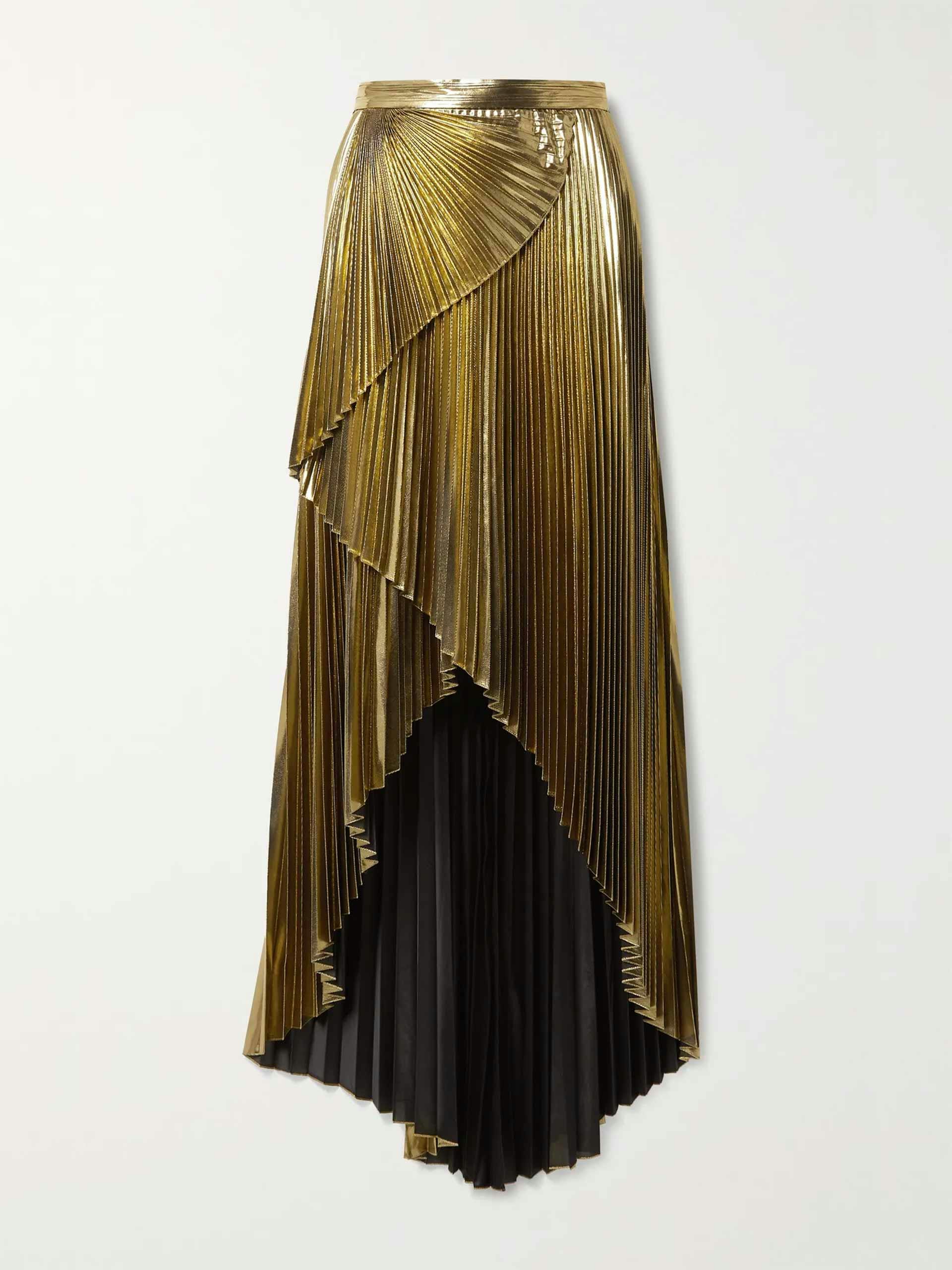 Gold lamé pleated maxi skirt