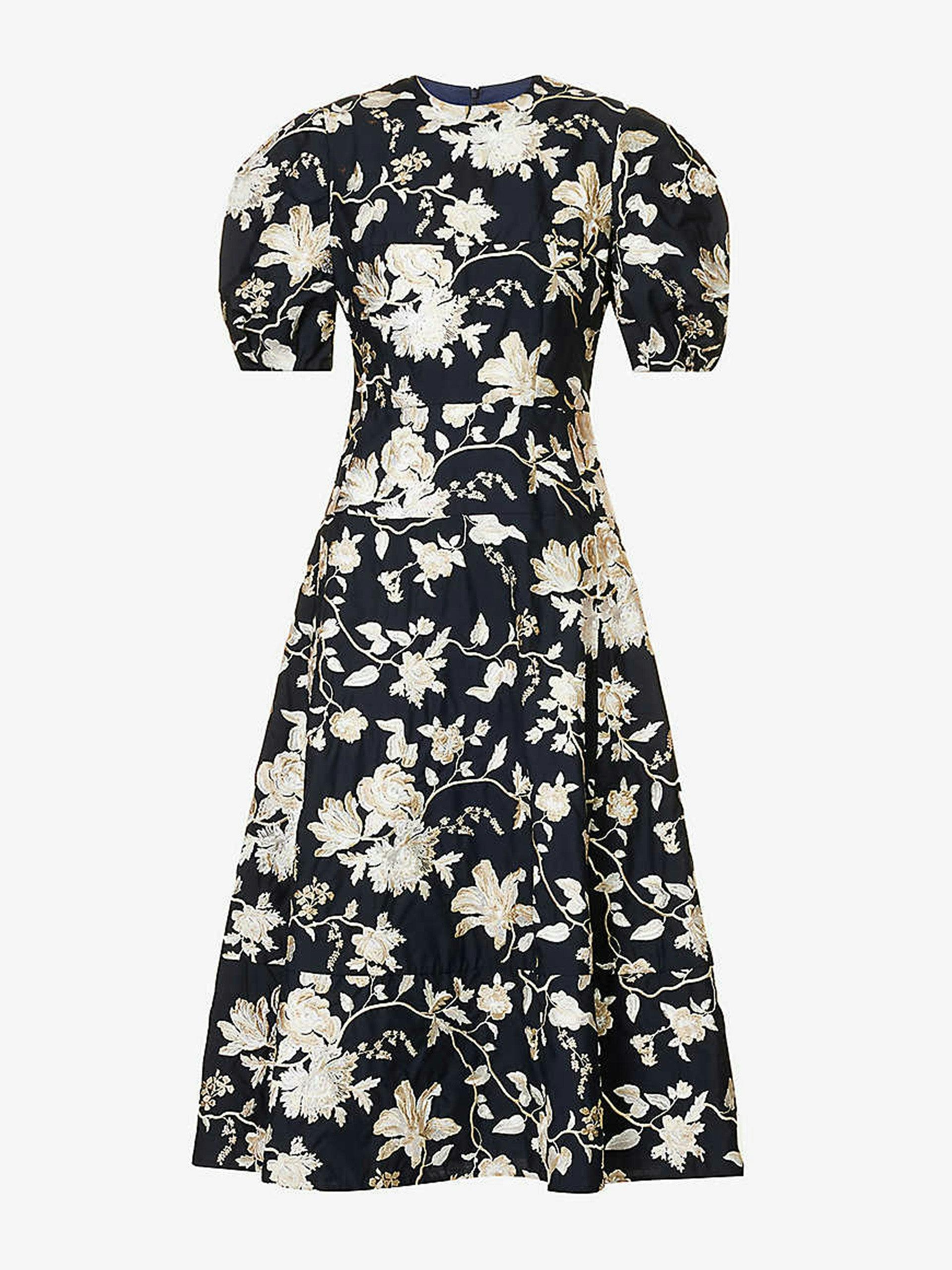 Navy floral-embroidered cotton-blend midi dress